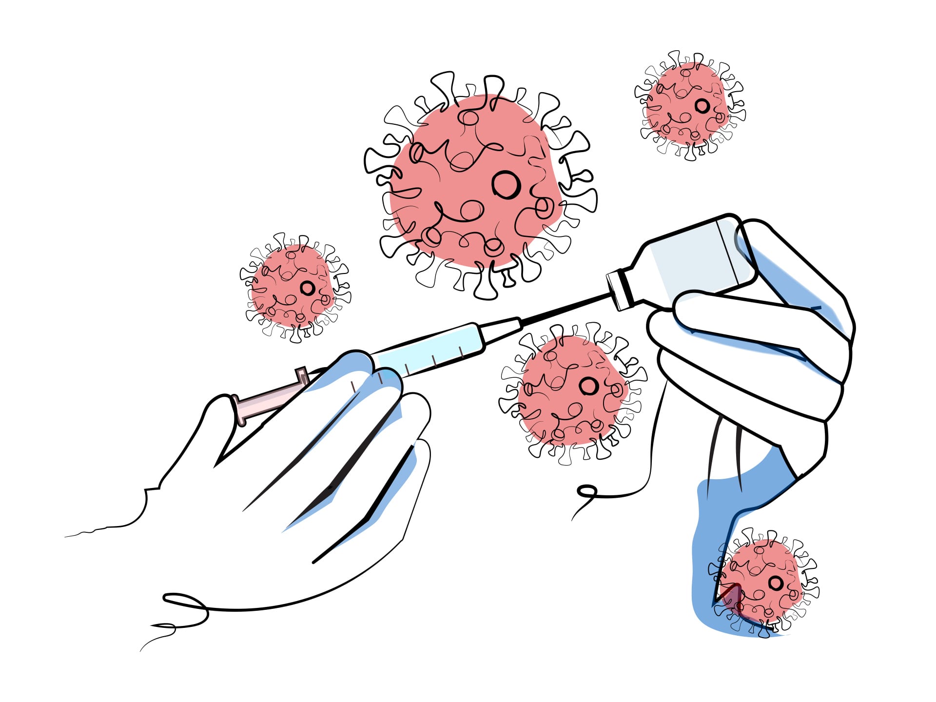 A digital illustration of gloved hands pulling a vaccine shot with covid spiked proteins floating in the background.